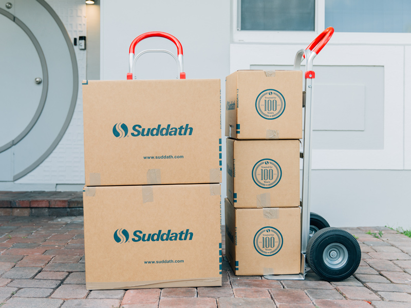 moving boxes on dolly in front of home