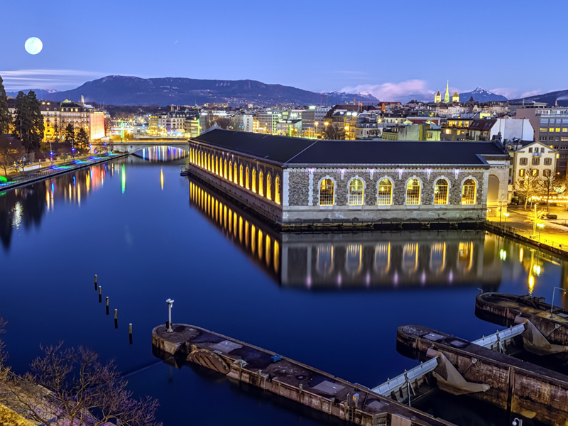 seujet dam geneva switzerland skyline